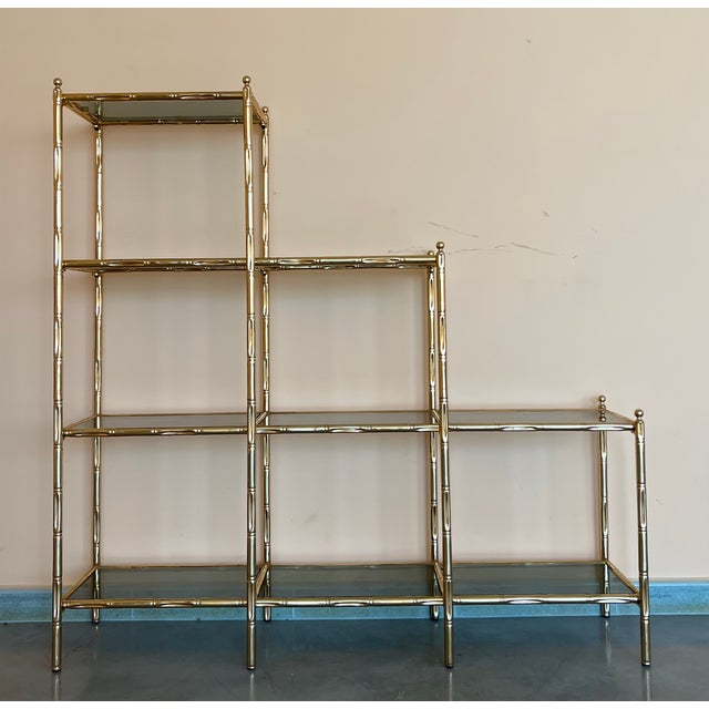 Mid-Century Modern Mid-Century Modern Faux Bamboo Brass Etagere With Stair Form and Smoked Glass For Sale - Image 3 of 12