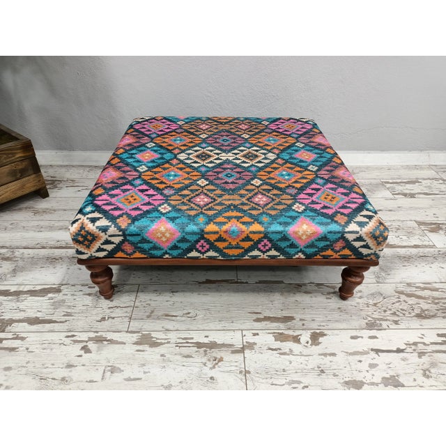 Aztec Pattern Rug Print Fabric Upholstered Square Coffee Table With Turned Legs For Sale - Image 9 of 9