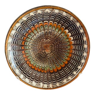 Vintage Rustic Folk Art Romanian Earthenware Decorative Plate, Peacock Design For Sale