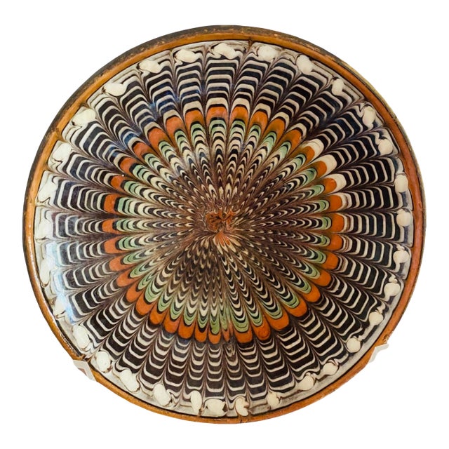 Vintage Rustic Folk Art Romanian Earthenware Decorative Plate, Peacock Design For Sale