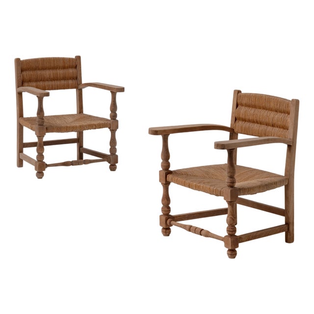 French Rustic Oak and Rush Armchairs, 1950s, Set of 2 For Sale