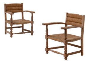 French Rustic Oak and Rush Armchairs, 1950s, Set of 2