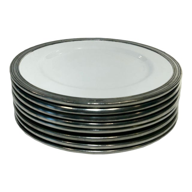 8 Piece Arte Italica Tuscan Pewter Rim Dinner Plates For Sale