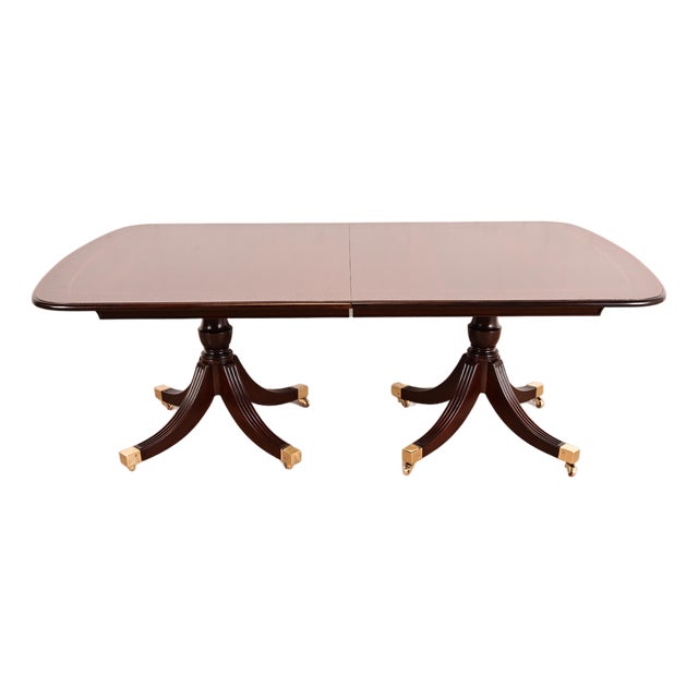 Smith & Watson Regency Banded Mahogany Double Pedestal Extension Dining Table, Newly Refinished For Sale