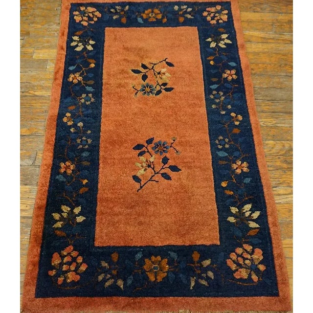 1920s Pair Chinese Peking Rugs 2' 6"x 4' Antique Floral Wool Hand Knotted Pile Coral 1925 Rug, Circa Date: 1925. This...