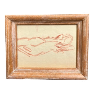 1970’s Original Abstract Sepia Drawing Reclining Nude Vintage Oak Frame For Sale
