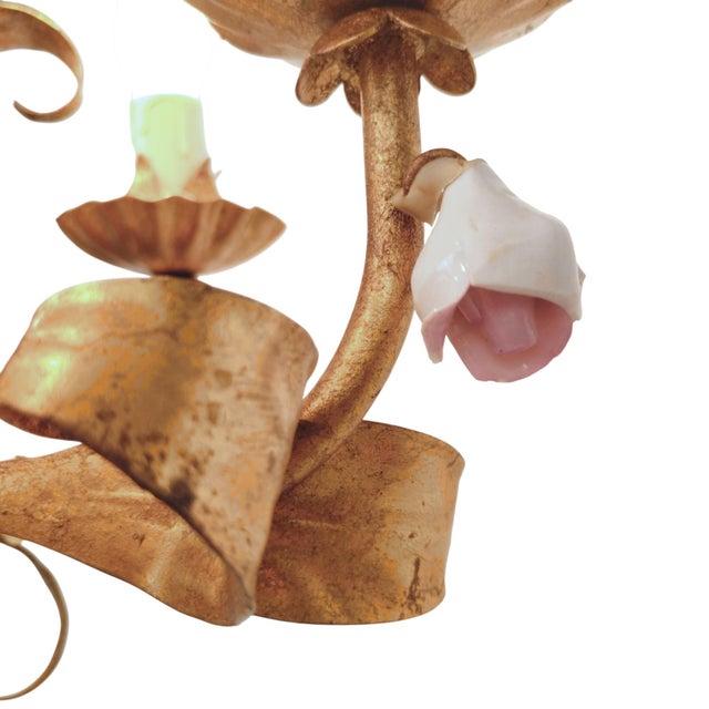 Vintage Hollywood Regency Florentine Five-Arm Metal Chandelier with Porcelain Flowers, 1970s For Sale - Image 13 of 18