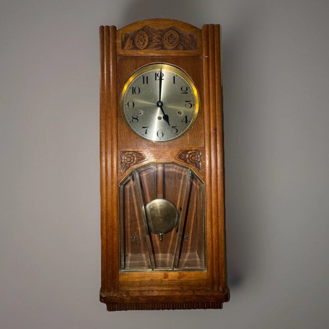 Art Deco Antique German Box Regulator Wall Clock, Westminster Quarter Strike Chimes For Sale - Image 3 of 9