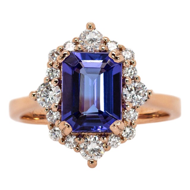 1.62ct Tanzanite & Diamond Ring in Solid 14k Gold – Emerald Cut 8×6mm For Sale