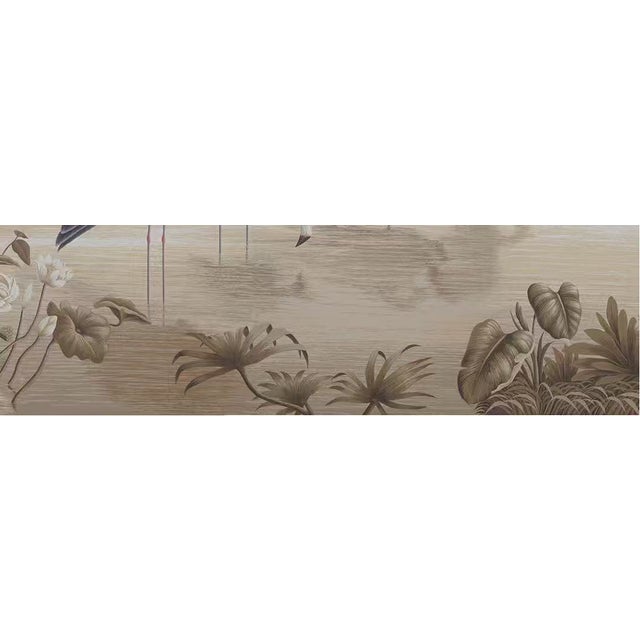 36" * H96" * 3ps, Neoclassical Hand-Painted Flamingo Colony Tropical Wetland Mural For Sale - Image 6 of 6