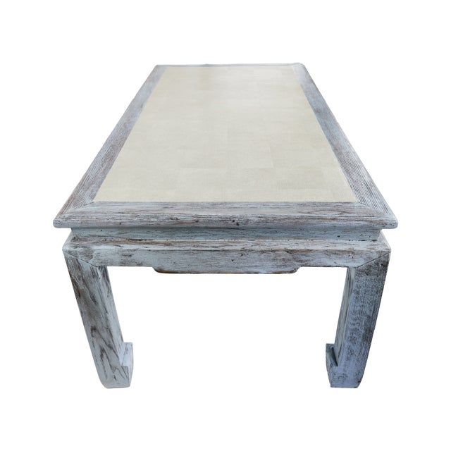 Vintage Swedish Blue-Grey Wash Wood Coffee Table With Ming Style Leg and Shagreen Top For Sale - Image 11 of 17