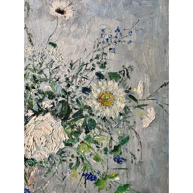 Sky Blue Samuel Rothbort, Bold Folk Art Modernist Floral Bouquet Oil Painting Flowers in Vase Gilt Frame, c.1950's For Sale - Image 8 of 11