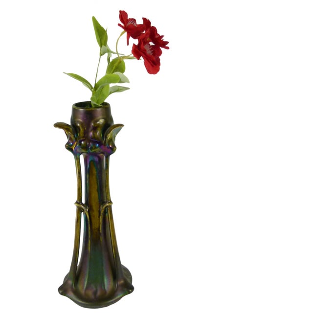 Art Nouveau 1900s Austrian Art Nouveau Heliosine Iridescent Iris Ceramic Vase by Karl Rudolf Ditmar For Sale - Image 3 of 13