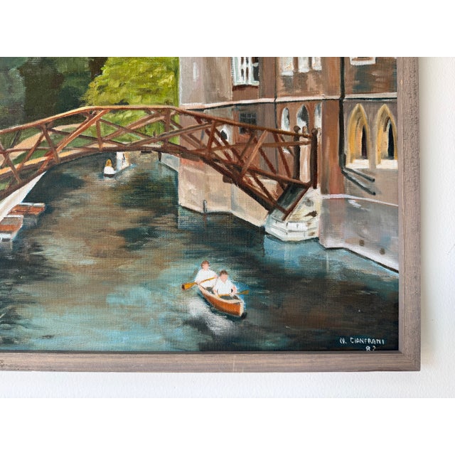 Green 1982 N. Cianfrani “Canal Village” Landscape Oil on Canvas Painting, Framed For Sale - Image 8 of 10