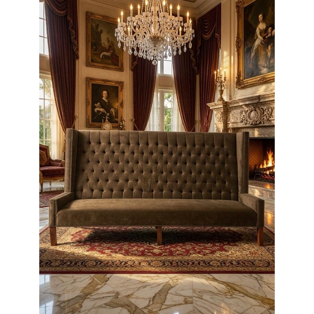 19th Century Ex-Bellagio Las Vegas 9ft Tufted Velvet High-Back Sofa Settee | Dramatic Luxury Statement Piece For Sale In Los Angeles - Image 6 of 9