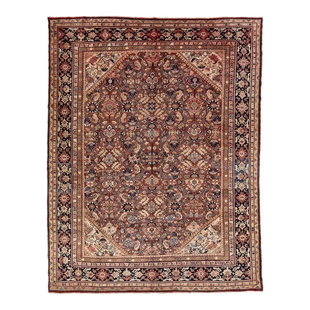 Vintage Persian Mahal Hand-Knotted Wool Area Rug - Floral in Rust For Sale