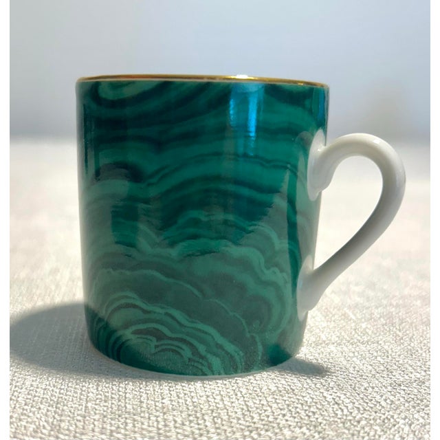 Elegant set of Mid-Century Modern porcelain espresso cups from Neiman Marcus featuring a striking malachite-inspired...