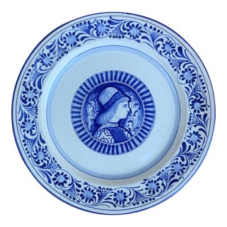 Late 20th C. Italian Deruta-Style Hand-Painted Faience Portrait Wall Plate For Sale