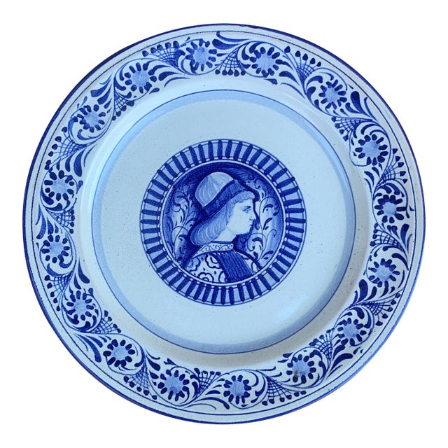 Late 20th C. Italian Deruta-Style Hand-Painted Faience Portrait Wall Plate For Sale
