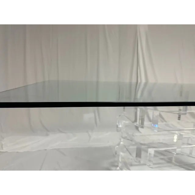 Incredible mid century lucite table base with tempered glass top, seating 8.