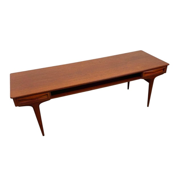 Mid-Century Modern Vintage Mid Century Modern Danish Style Coffee Table With Sculpted Drawer Pulls and Open Shelf Storage For Sale - Image 3 of 11