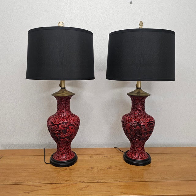 Mid 20th Century Mid-Century Chinese Hand-Carved Cinnabar Lacquer Table Lamps, Pair For Sale - Image 4 of 18