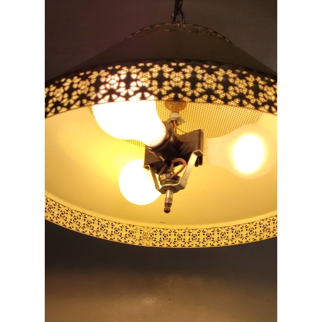Farmhouse Vintage Farmhouse Cottage Core Yellow Gold Tole French Filagree Metal Hanging Ceiling Kitchen Light For Sale - Image 3 of 11