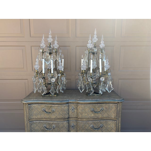 English Early 20th Century French Brass & Crystal Six-Light Girandole Lamps - Pair For Sale - Image 3 of 17