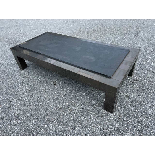 Brutalist Paul Evans Patinated Patchwork Coffee Table With Slate Top Signed For Sale - Image 9 of 11