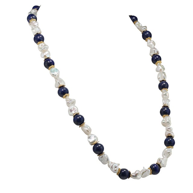 Traditional Keshi Pearl and Lapis Lazuli Necklace June Birthstone For Sale - Image 3 of 12