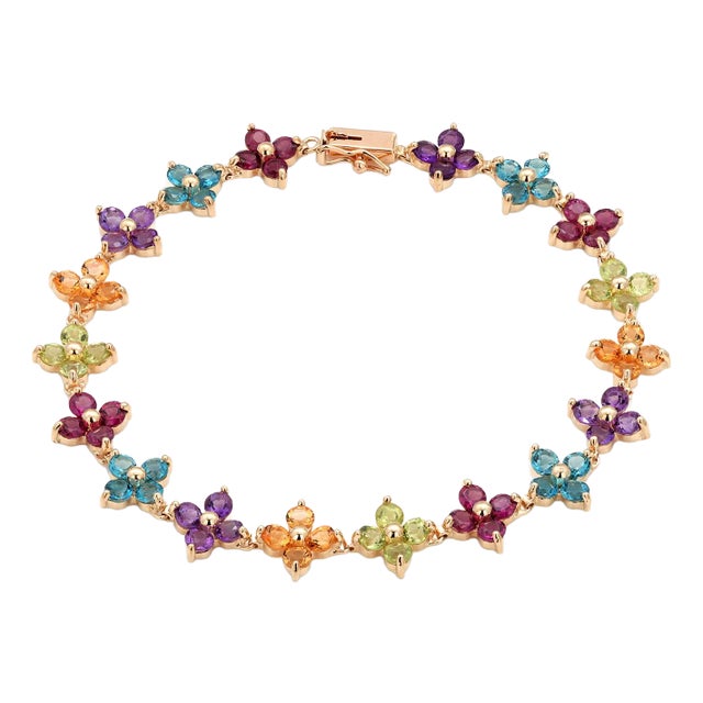 1990s 14k Yellow Gold Amethyst Blue Topaz Citrine Garnet Peridot Floral Bracelet For Sale