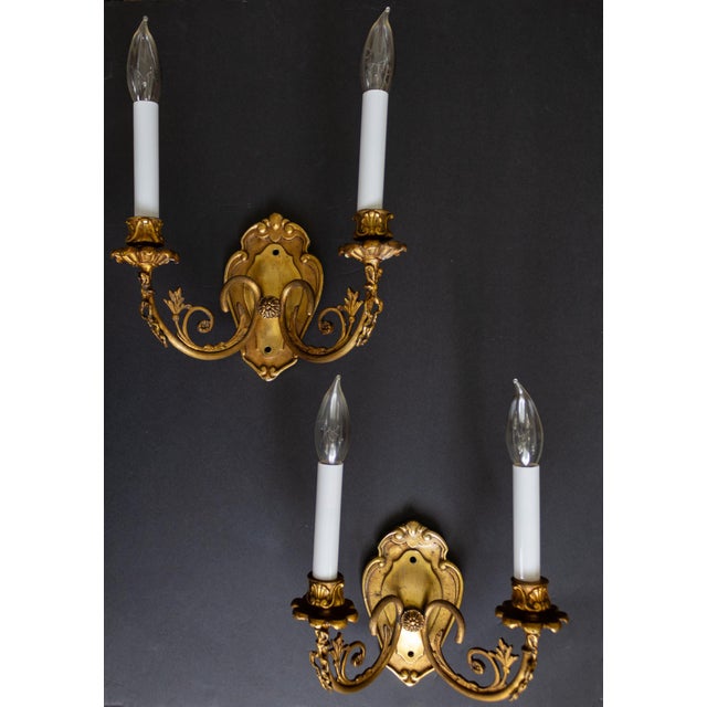 1960s French Neoclassical Double Arm Brass Bow Sconces With Lampshades - a Pair For Sale - Image 9 of 14