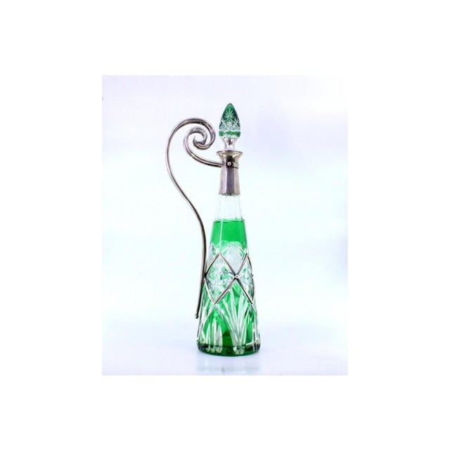 Silver Wine Bottle in Cut Green Glass with Silver Frame and Smooth Handle with Curls For Sale - Image 8 of 9