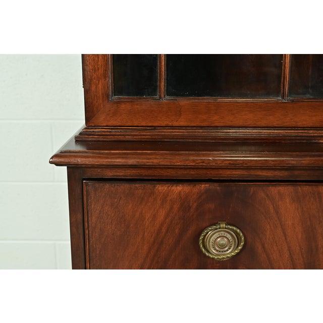 Baker Furniture Style Georgian Flame Mahogany Breakfront Bookcase Cabinet With Drop Front Secretary Desk For Sale - Image 10 of 16