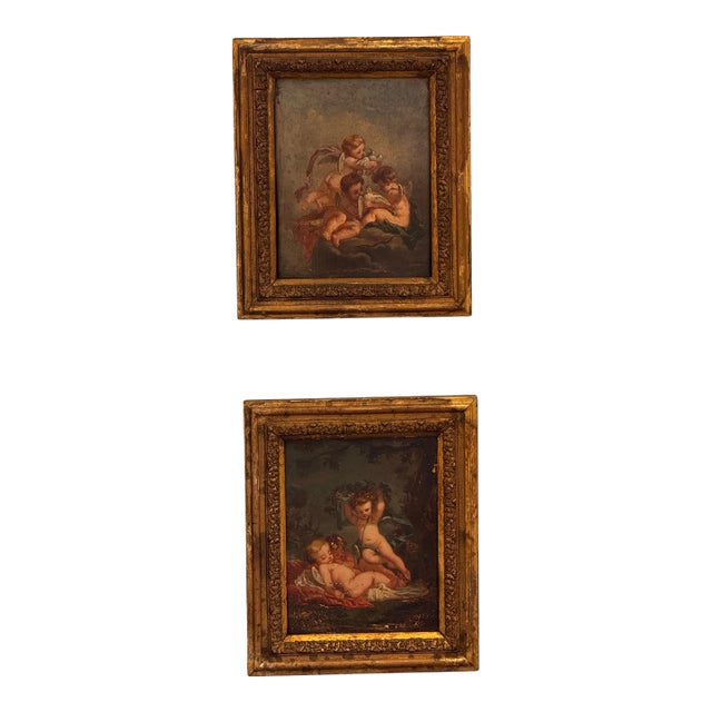 19th Century Pair of Continental Paintings Depicting Cherubic Figures For Sale