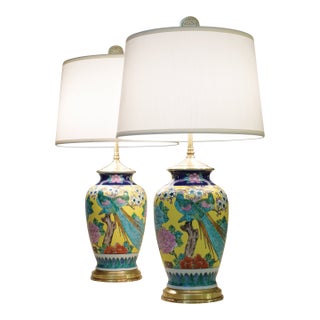 Pair Asian Chinoiserie Capodimonte Hand Painted Ginger Jar Porcelain Brass Lamps 1950's For Sale