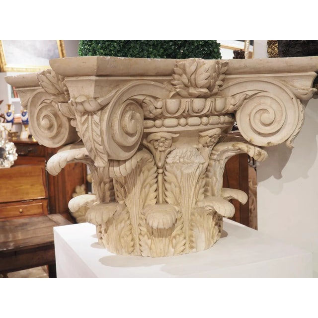 Cream Large Plaster Composite Order Capital on Wooden Pedestal, France, Early 1900s For Sale - Image 8 of 13