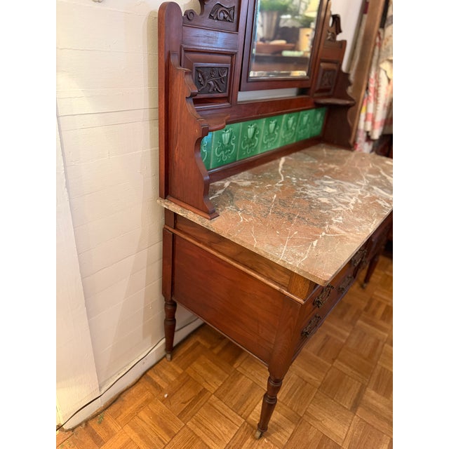 Antique English Walnut Dresser With Marble Top and Green Tile Backsplash For Sale In Panama City, FL - Image 6 of 10