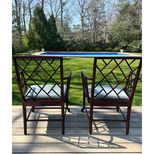 Air of Baker Chinoiserie Lacquered Lounge Chairs With Geometric Lattice Backs & Upholstered Seats For Sale - Image 10 of 18