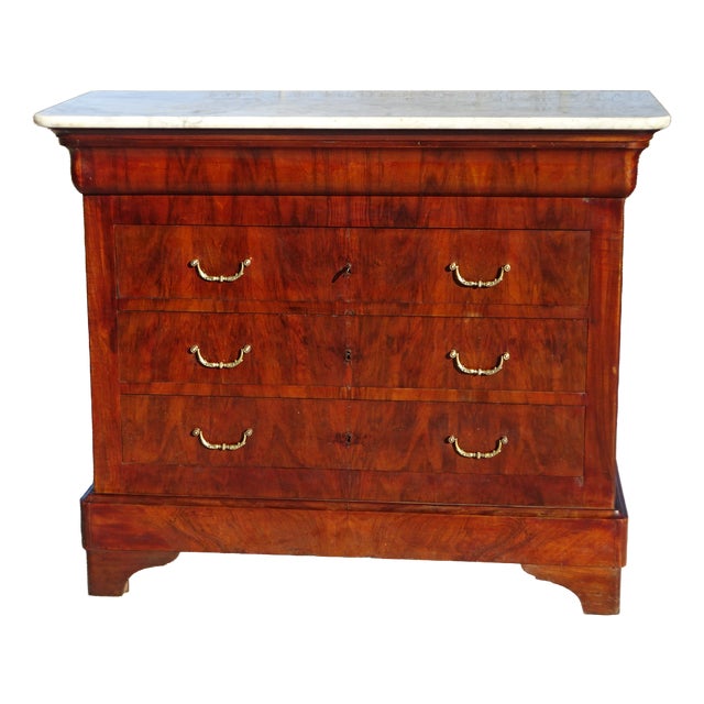 Chest of Drawers in Mahogany Veneer with White Marble Top For Sale