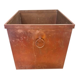 1970s Contemporary Solid Brass Square Jardinière /Planter With Ring Handles, 14” For Sale
