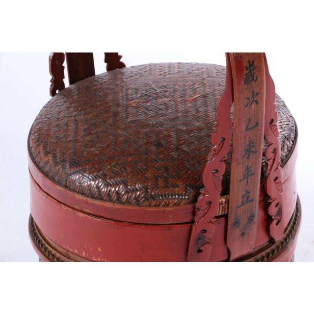 Chinese Antique Hand-Made Red Lacquer Chinese Covered Wedding Basket For Sale - Image 3 of 10