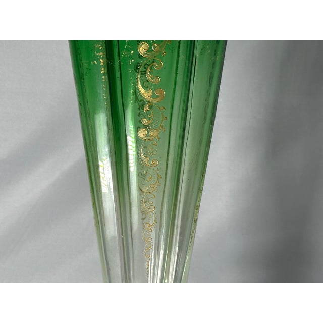 Arts & Crafts Antique Moser Green to Clear Trumpet Vase: Bohemian Gold Gilt Decor (18.5") For Sale - Image 3 of 10