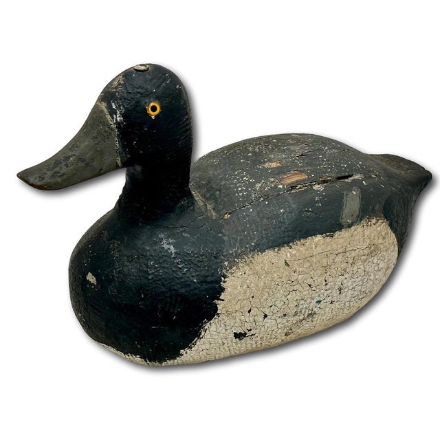Figurative Very Nice Large Size Antique American Hand Carved & Painted Wood Duck Hunters Working Decoy With Glass Eyes For Sale - Image 3 of 18