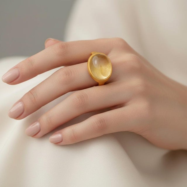 Ring with citrine cabochon. Citrine statement ring. Cocktail citrine ring. October birthstone ring. Metal stamp: 925...