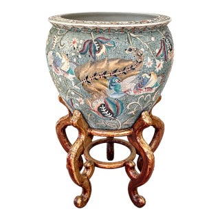 1980s Large Chinese Porcelain Jardinière Planter With Bird & Floral Motifs on Decorative Stand For Sale