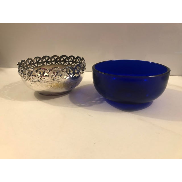 This lovely English Silver Serving Bowl With Cobalt Glass Insert has a pierced ring of Acanthus Leaves around the top...
