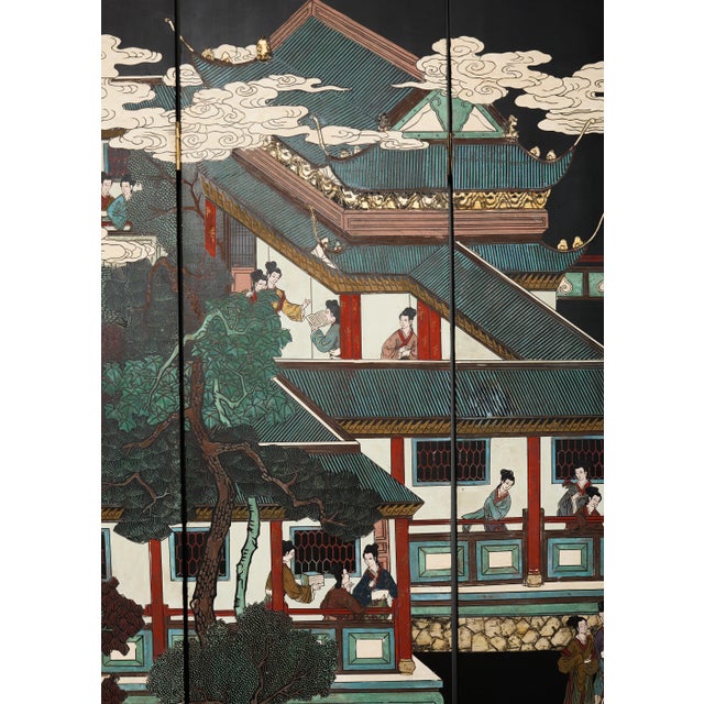 Black Chinese Export Six Panel Lacquered Coromandel Screen Courtyard For Sale - Image 8 of 18