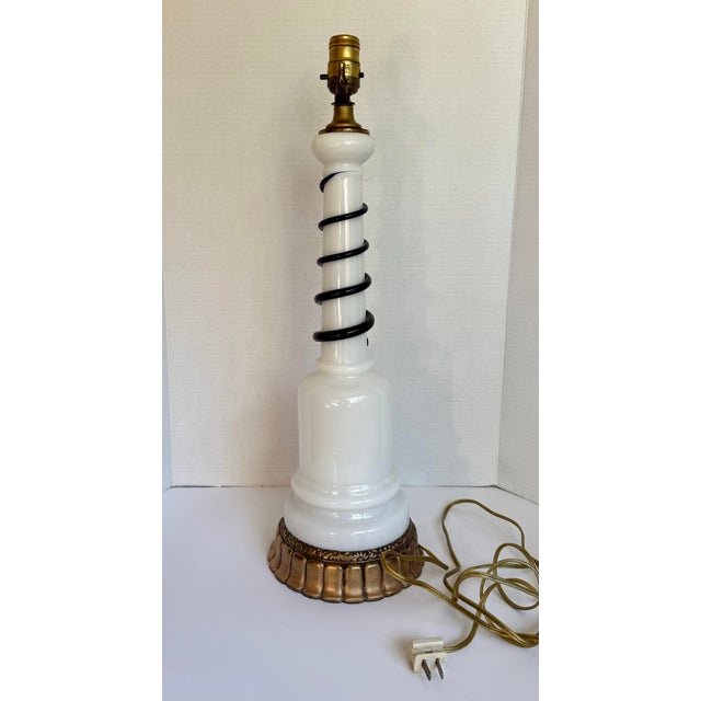Art Deco Murano Style Milk Glass & Cobalt Blue Swirl Art Glass Table Lamp For Sale In Los Angeles - Image 6 of 12