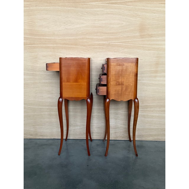 Pair of French Walnut Narrow Bedside Tables With Three Drawers For Sale - Image 15 of 17